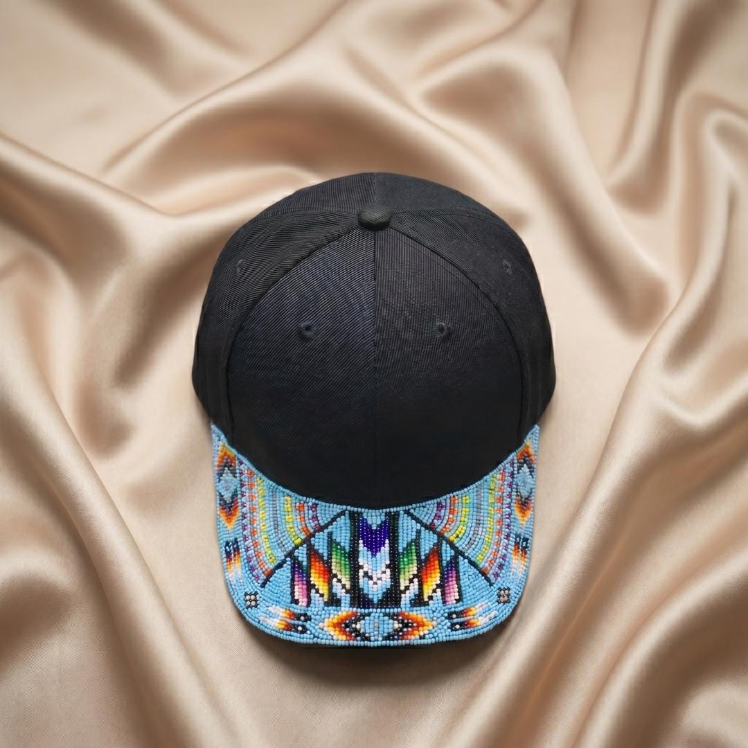 Sky Blue Rainbow Beaded Baseball Cap - Handmade Native American Style - Adjustable Unisex Cotton Hat For Men & Women
