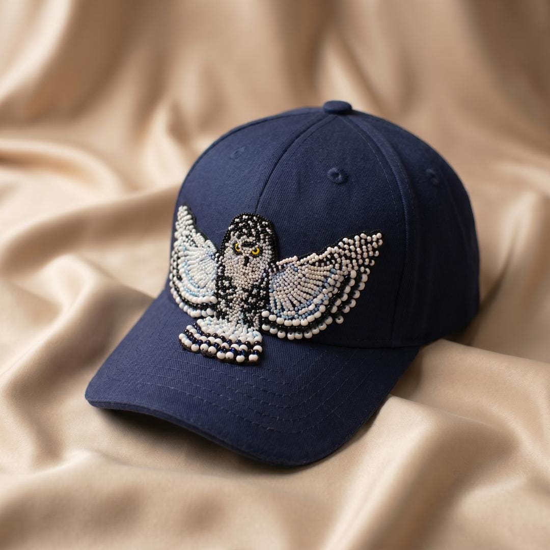 Snowy Owl Spirit Beaded Baseball Cap - Handmade Native American Style Adjustable Unisex Cotton Hat For Men & Women