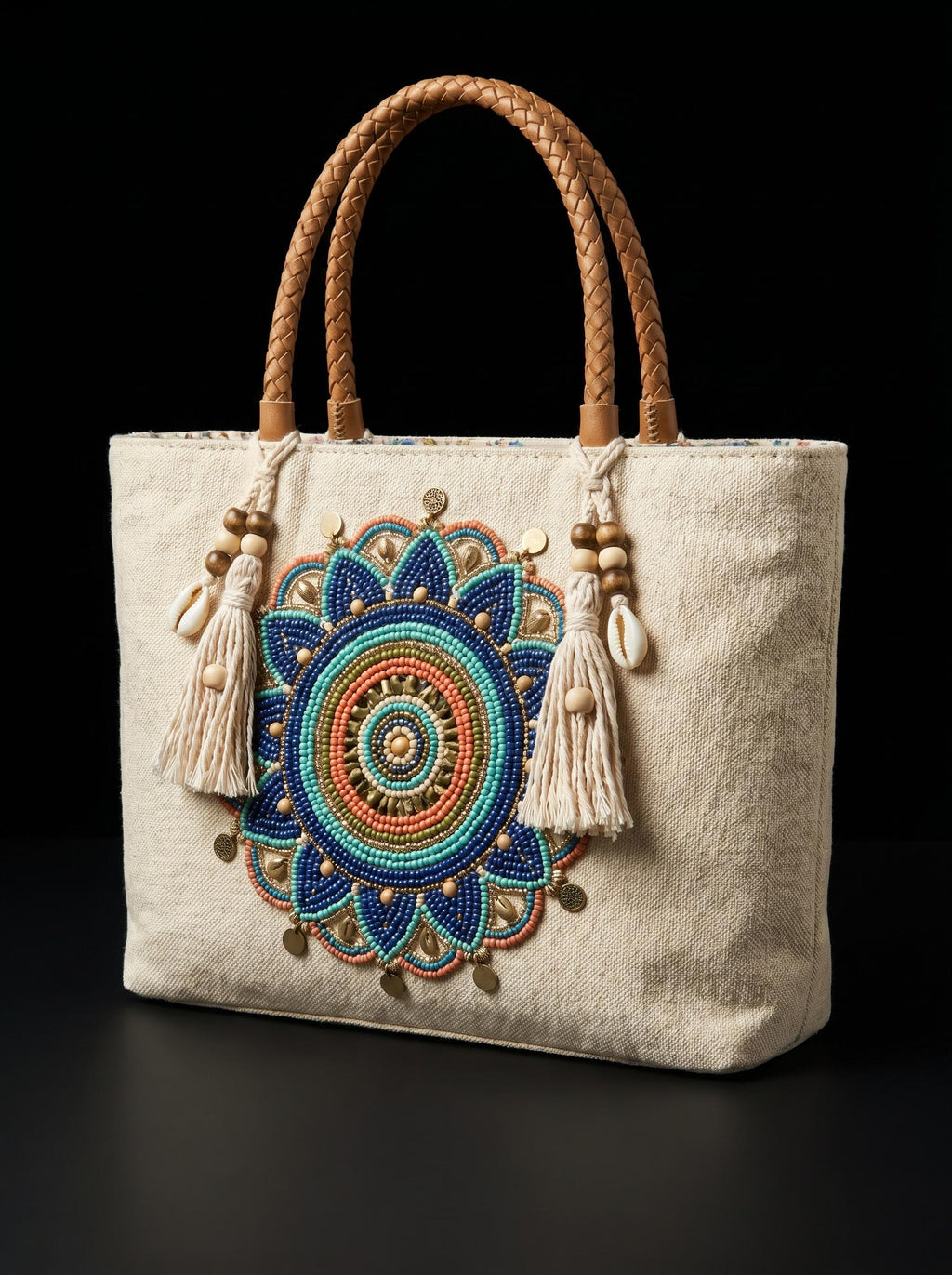 Handmade Floral Canvas Tote Bag. Beaded Large Artisan Handbag For Women