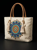 Handmade Floral Canvas Tote Bag. Beaded Large Artisan Handbag For Women