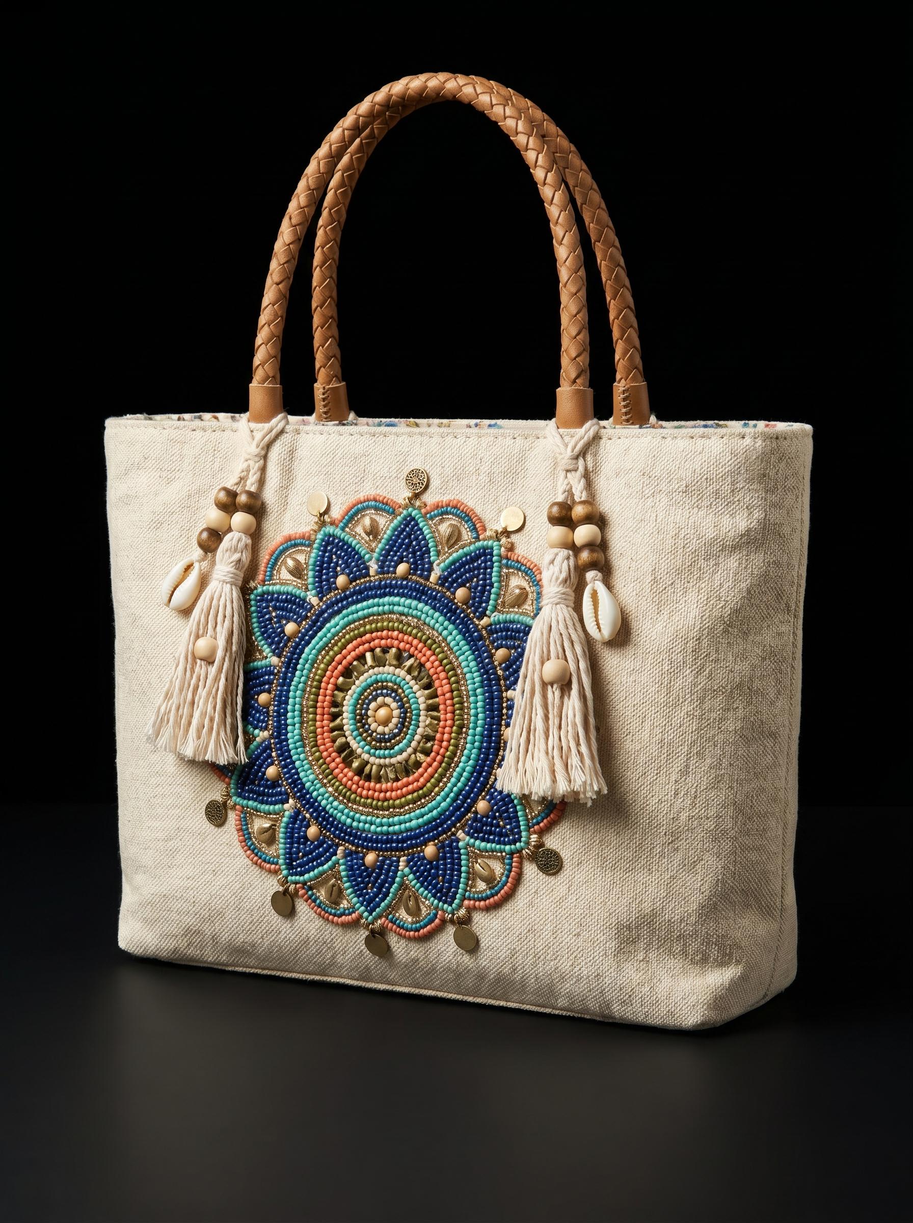 Handmade Floral Canvas Tote Bag. Beaded Large Artisan Handbag For Women