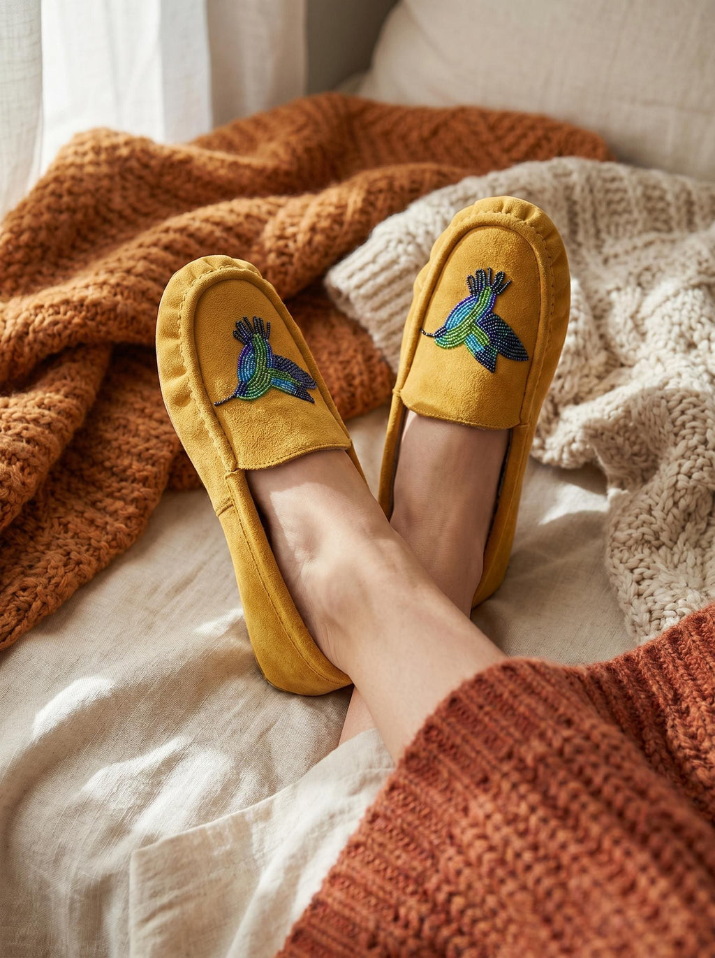 Hummingbird Beaded Leather Moccasins - Handmade Native American Style Shoes For Women. Suitable For Gifting