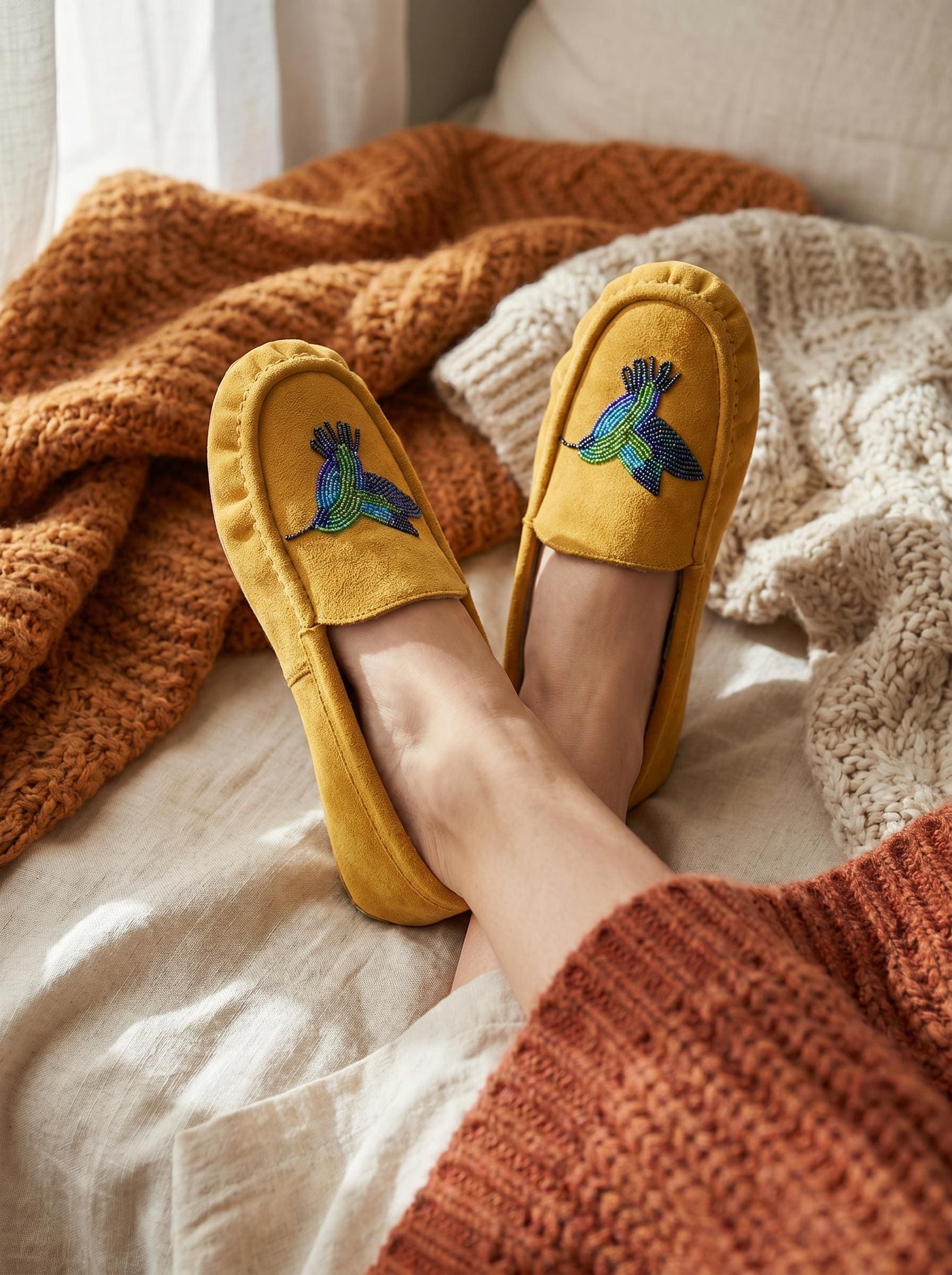 Hummingbird Beaded Leather Moccasins - Handmade Native American Style Shoes For Women. Suitable For Gifting