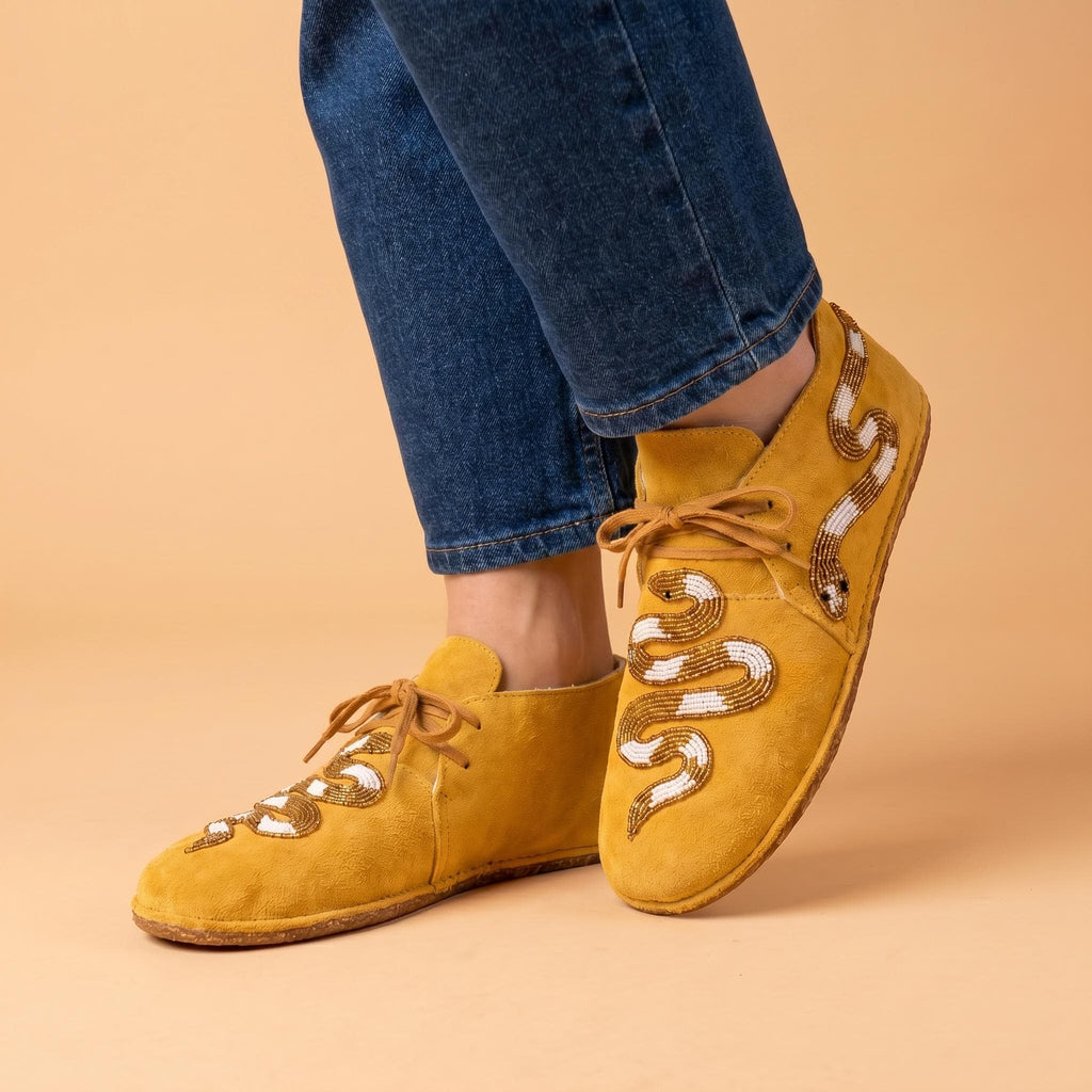 Beaded Snake Design Moccasins. Handmade Unique Suede Lace-up Shoes For Women. Suitable For Outdoor Wear. Summer Gift For Her.