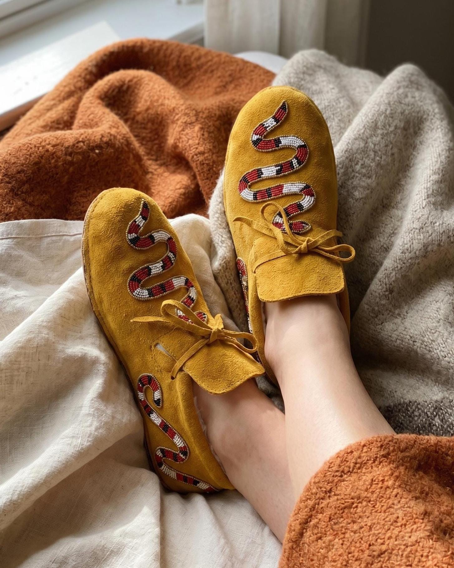 Beaded Snake Design Moccasins. Handmade Unique Suede Lace-up Shoes For Women. Suitable For Outdoor Wear. Summer Gift For Her.