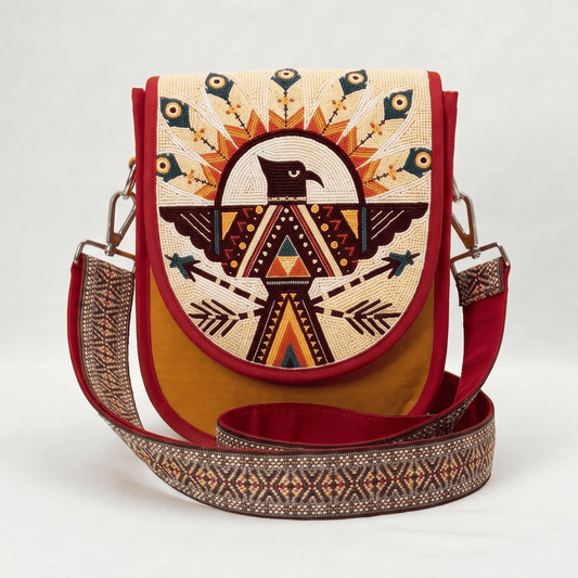 Eagle & Feather Hand Beaded Canvas Crossbody Bag – Mustard