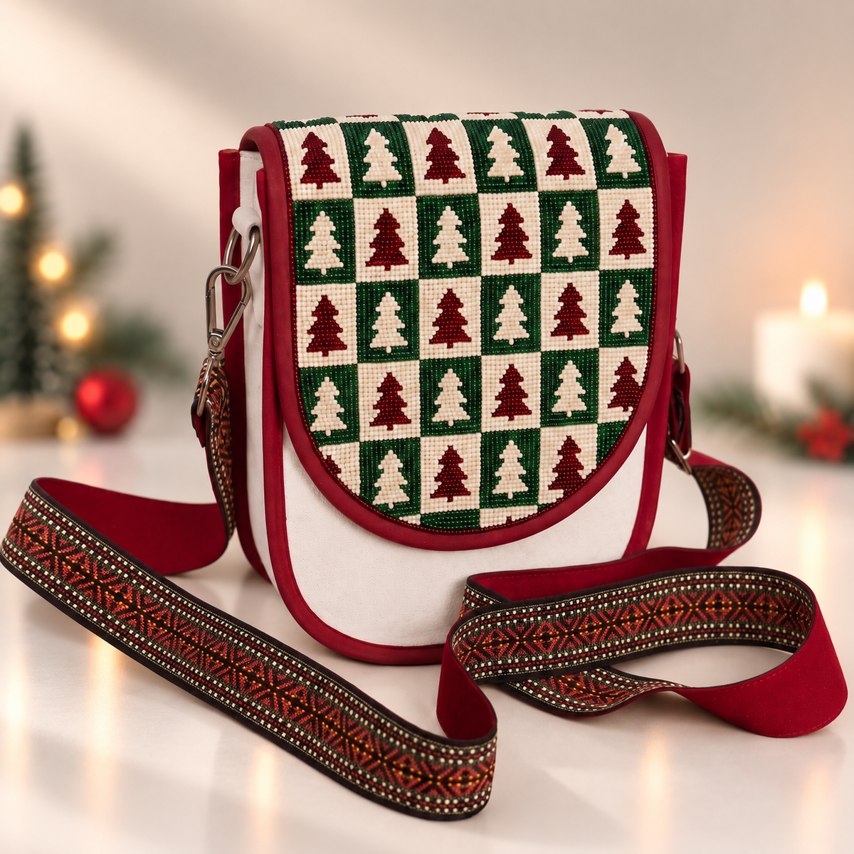 Checkerboard Pine Tree Hand Beaded Canvas Crossbody Bag – Cream