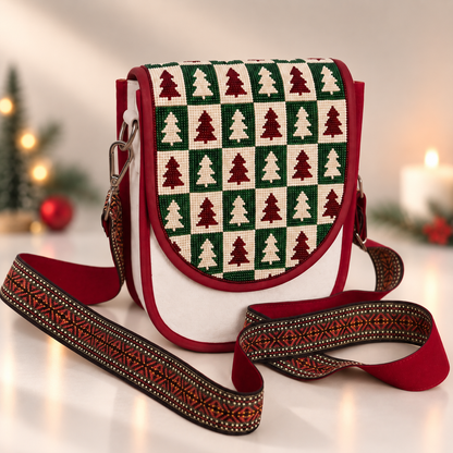Checkerboard Pine Tree Hand Beaded Canvas Crossbody Bag – Cream