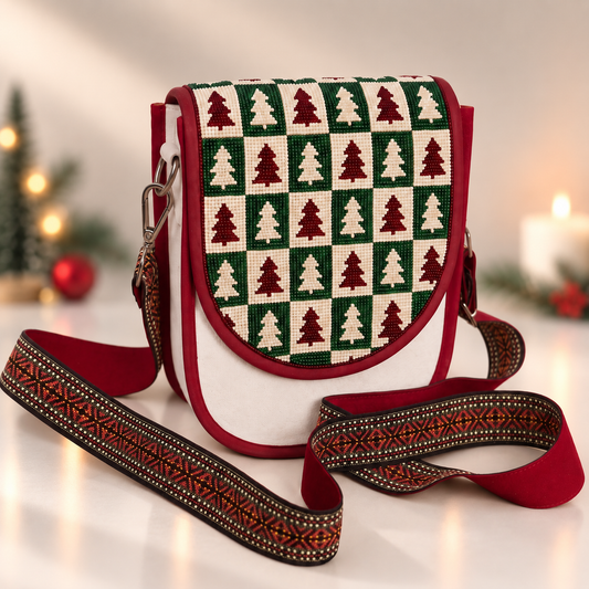 Checkerboard Pine Tree Hand Beaded Canvas Crossbody Bag – Cream