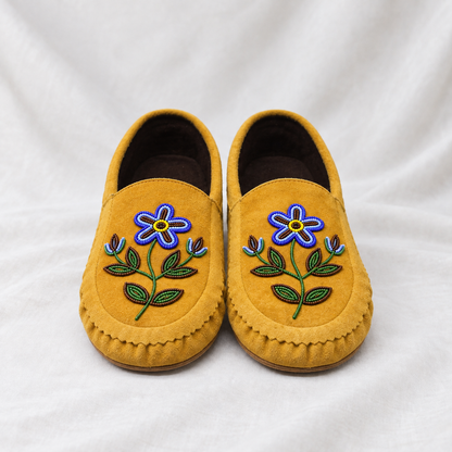 Purple Flower Beaded Yellow Suede Moccasins