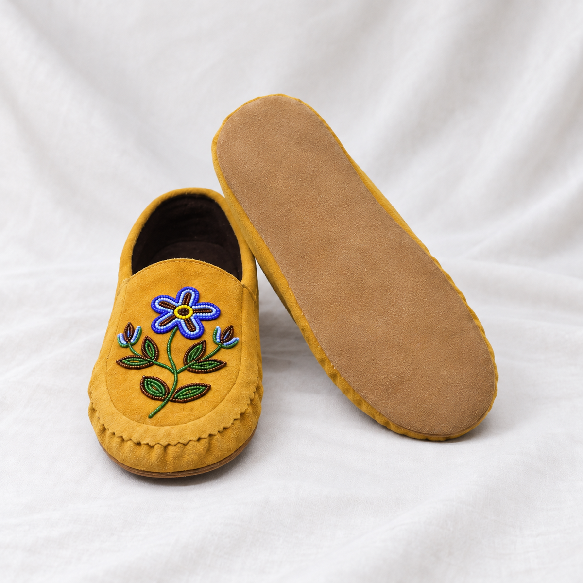 Purple Flower Beaded Yellow Suede Moccasins