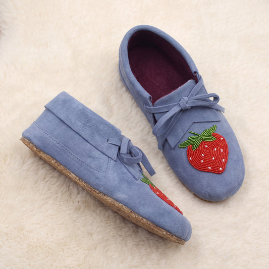 Strawberry Beaded Blue Suede Lace-Up Moccasins for Women