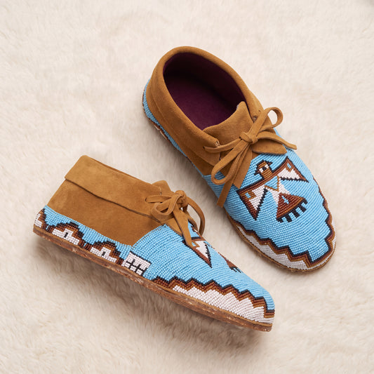 Sky Blue Thunderbird Beaded Suede Lace-Up Moccasins for Women