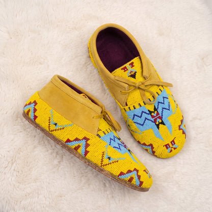 Yellow and Blue Beaded Lace-Up Moccasins for Women