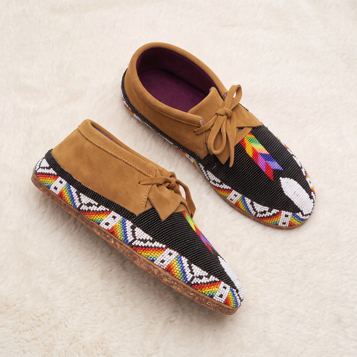 Black Beaded Suede Lace-Up Moccasins for Women