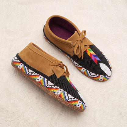 Black Beaded Suede Lace-Up Moccasins for Women
