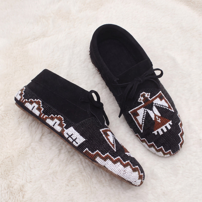 Thunderbird Beaded Black Suede Lace-Up Moccasins for Women