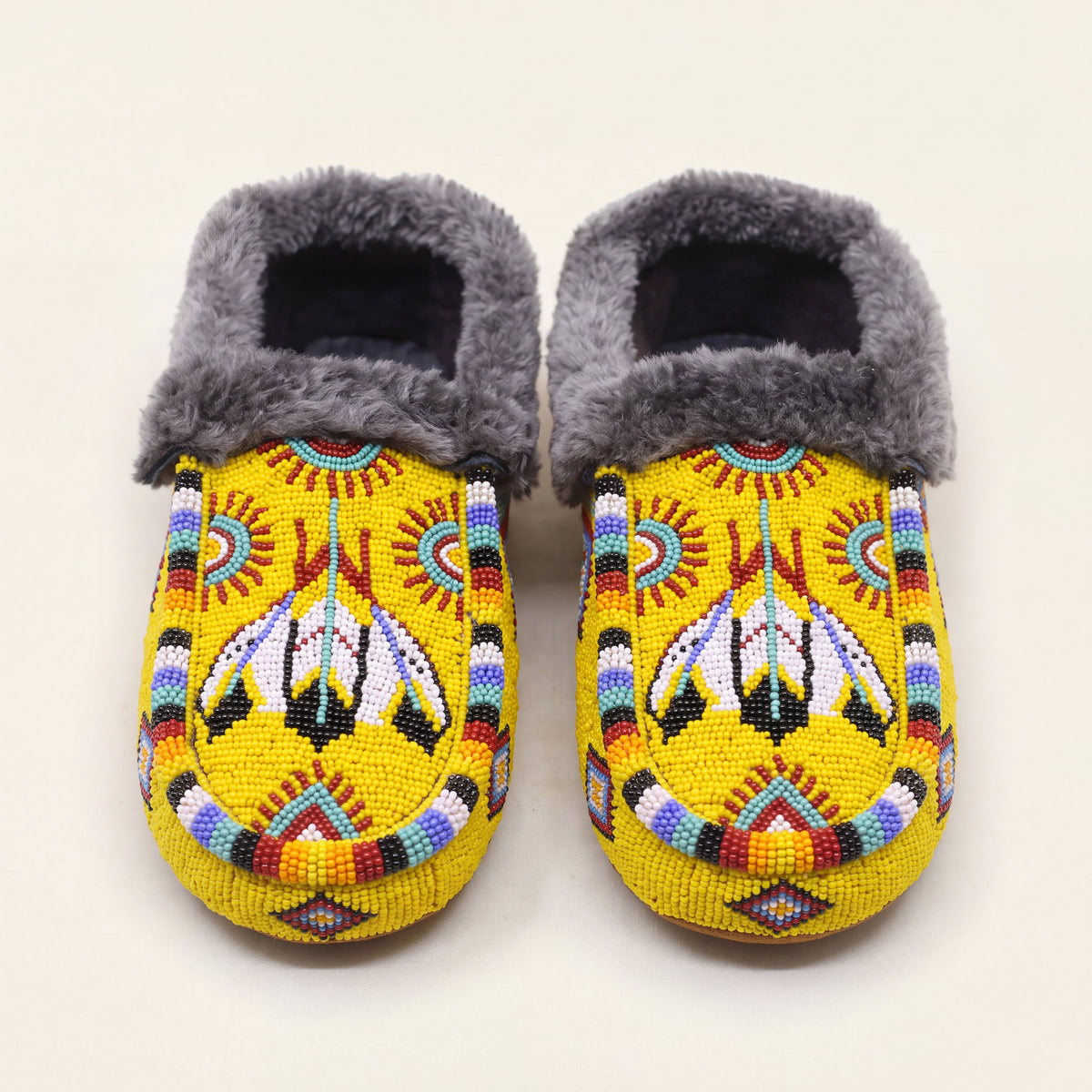 Yellow Thunderbird Fur Cuff Beaded Moccasins For Women