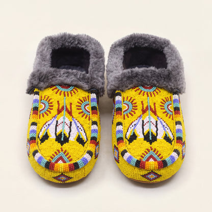 Yellow Thunderbird Fur Cuff Beaded Moccasins For Women