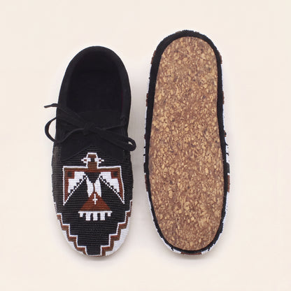 Thunderbird Beaded Black Suede Lace-Up Moccasins for Women