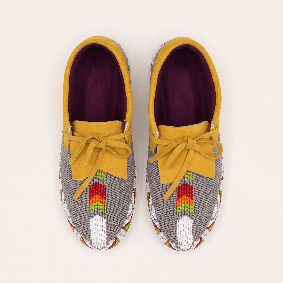 Gray Hand-Beaded Lace-Up Moccasins For Women
