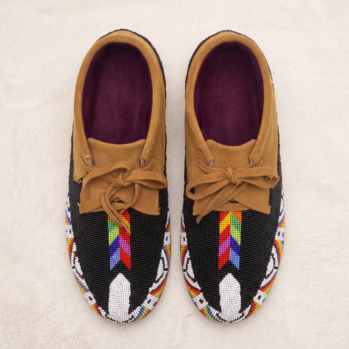 Black Beaded Suede Lace-Up Moccasins for Women