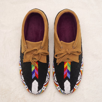 Black Beaded Suede Lace-Up Moccasins for Women