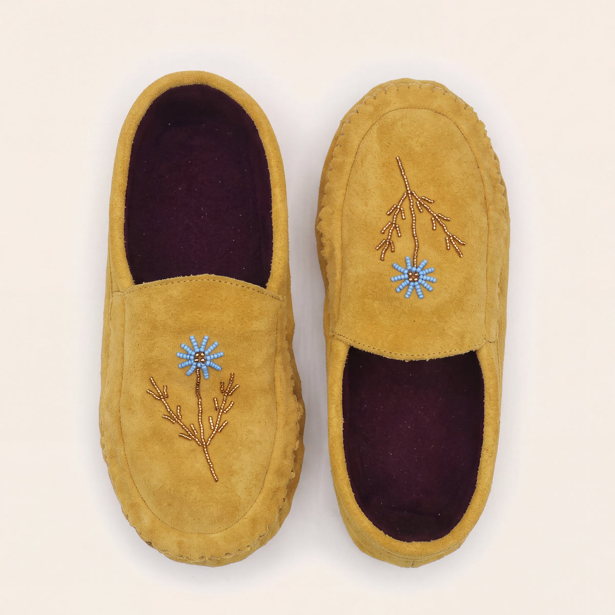 Turquoise Flower Beaded Yellow Suede Moccasins