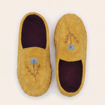 Turquoise Flower Beaded Yellow Suede Moccasins