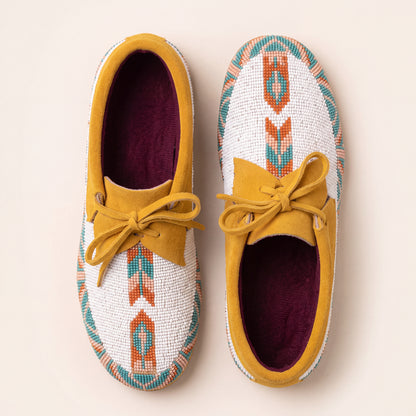 White Beaded Lace-Up Moccasins for Women