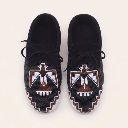 Thunderbird Beaded Black Suede Lace-Up Moccasins for Women