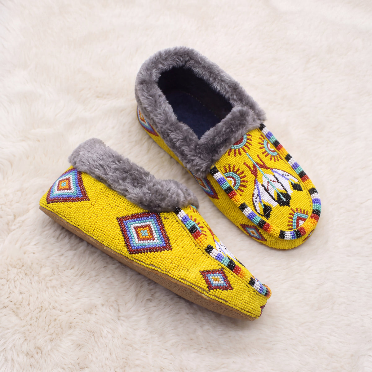 Yellow Thunderbird Fur Cuff Beaded Moccasins For Women