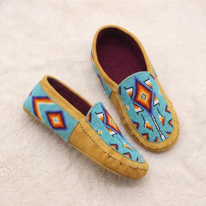 Turquoise Diamond Beaded Soft Sole Moccasins