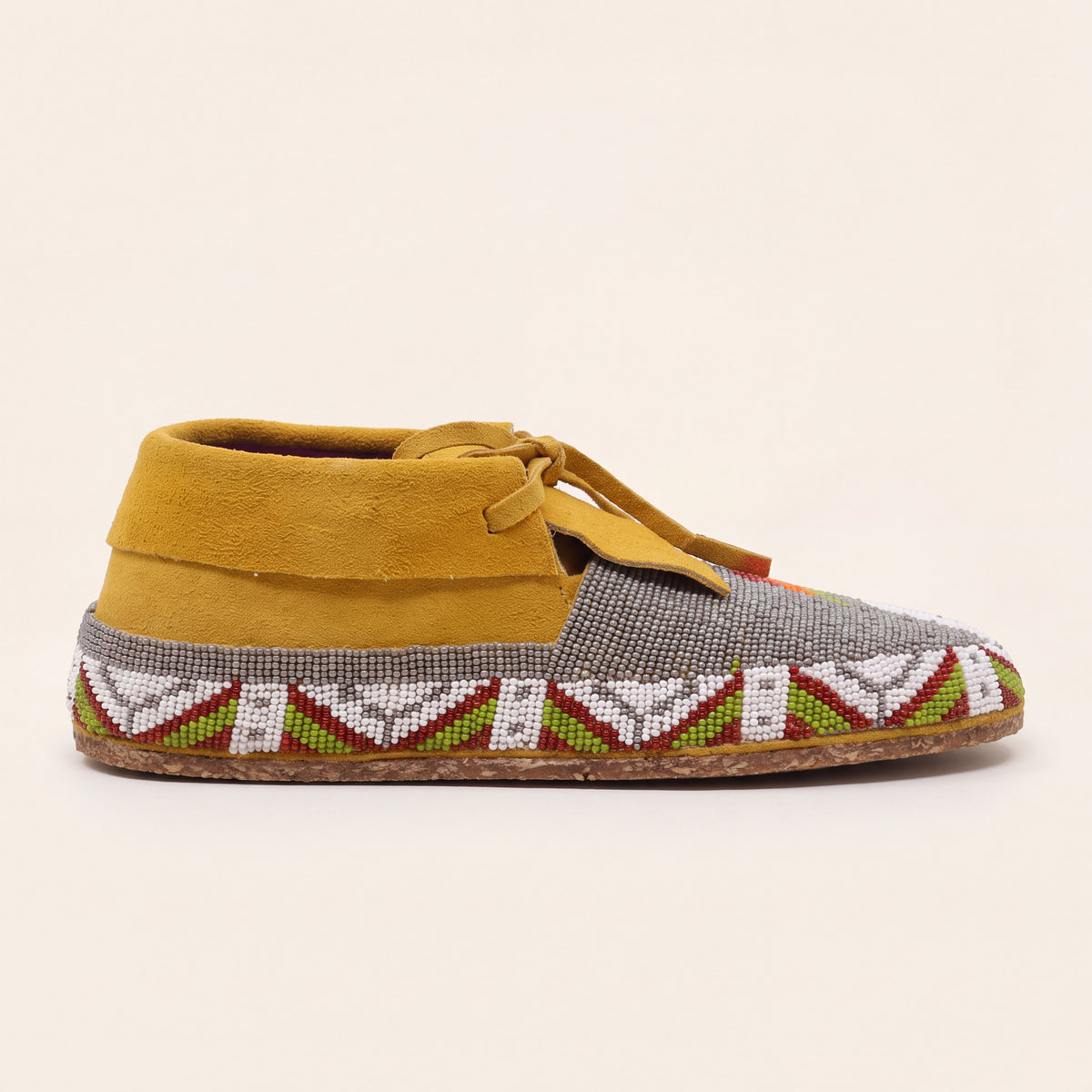 Gray Hand-Beaded Lace-Up Moccasins For Women