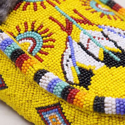 Yellow Thunderbird Fur Cuff Beaded Moccasins For Women