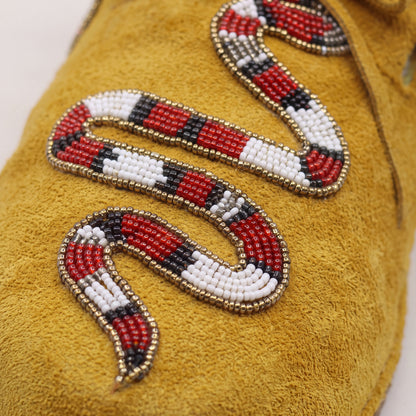 Mustard Snake Beaded Suede Lace-Up Moccasins for Women