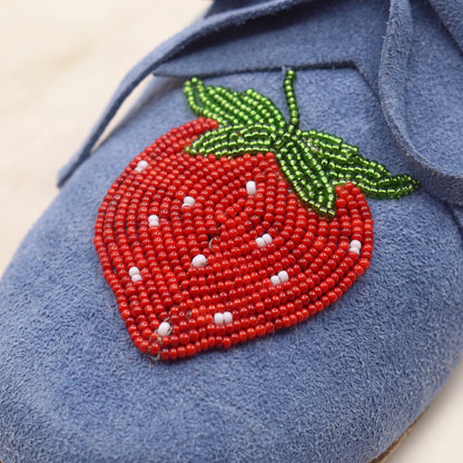 Strawberry Beaded Blue Suede Lace-Up Moccasins for Women