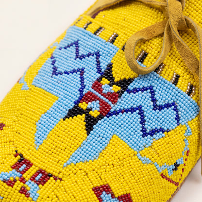Yellow and Blue Beaded Lace-Up Moccasins for Women