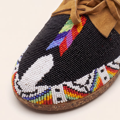 Black Beaded Suede Lace-Up Moccasins for Women