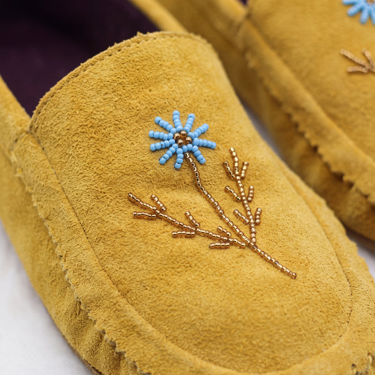 Turquoise Flower Beaded Yellow Suede Moccasins