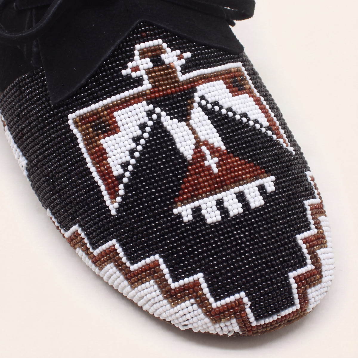 Thunderbird Beaded Black Suede Lace-Up Moccasins for Women