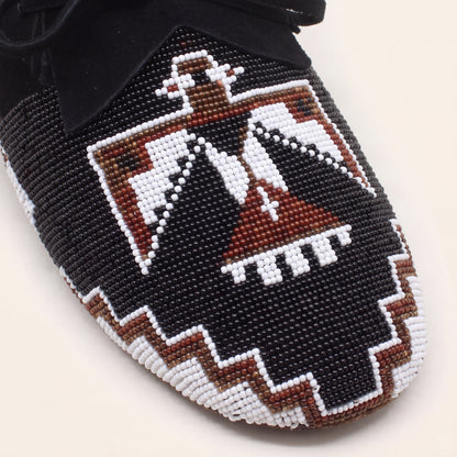 Thunderbird Beaded Black Suede Lace-Up Moccasins for Women