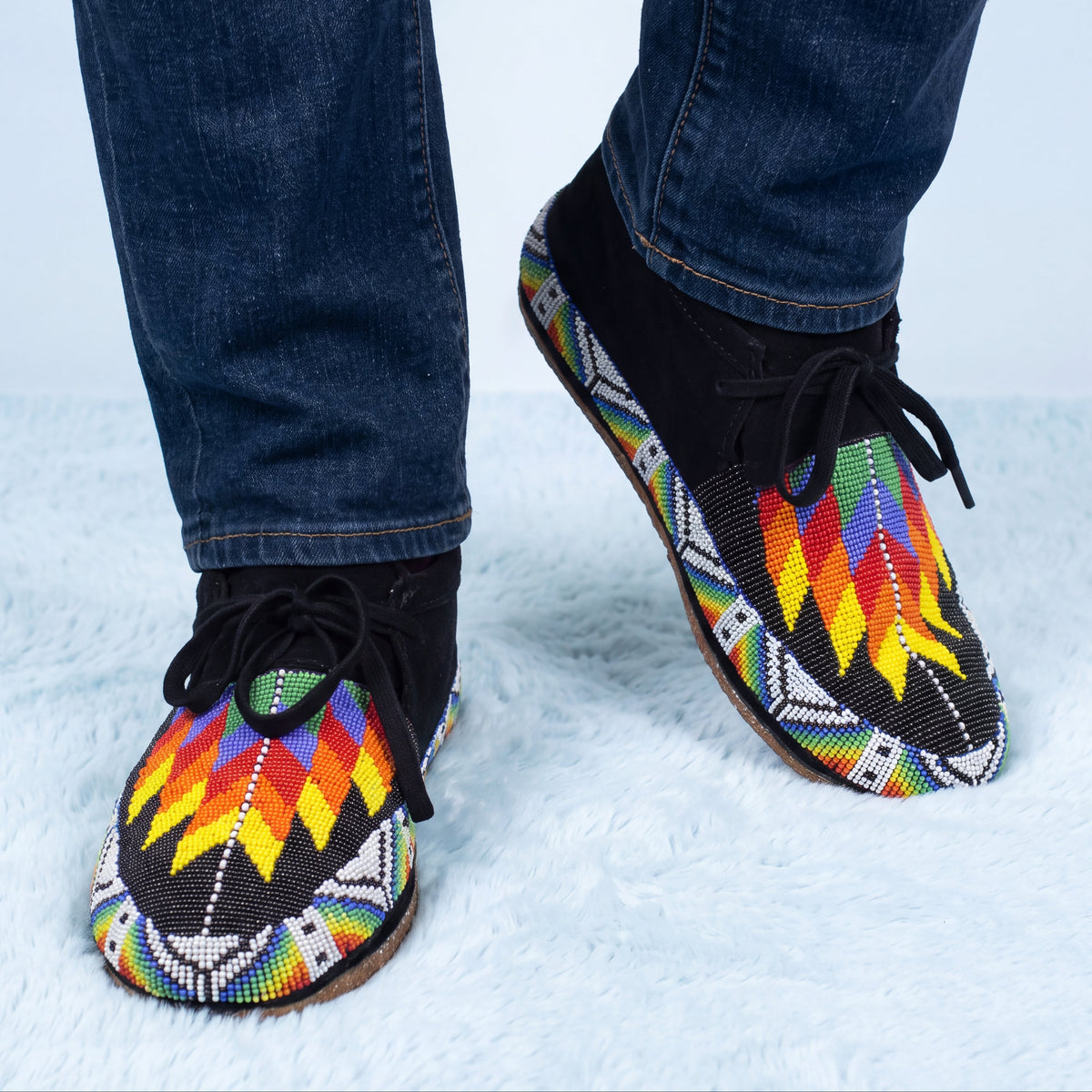 Men's Suede Rainbow Flame Lace Up Beaded Moccasins