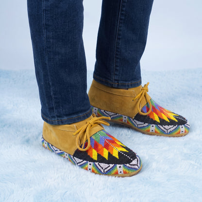 Men's Suede Rainbow Flame Lace Up Beaded Moccasins