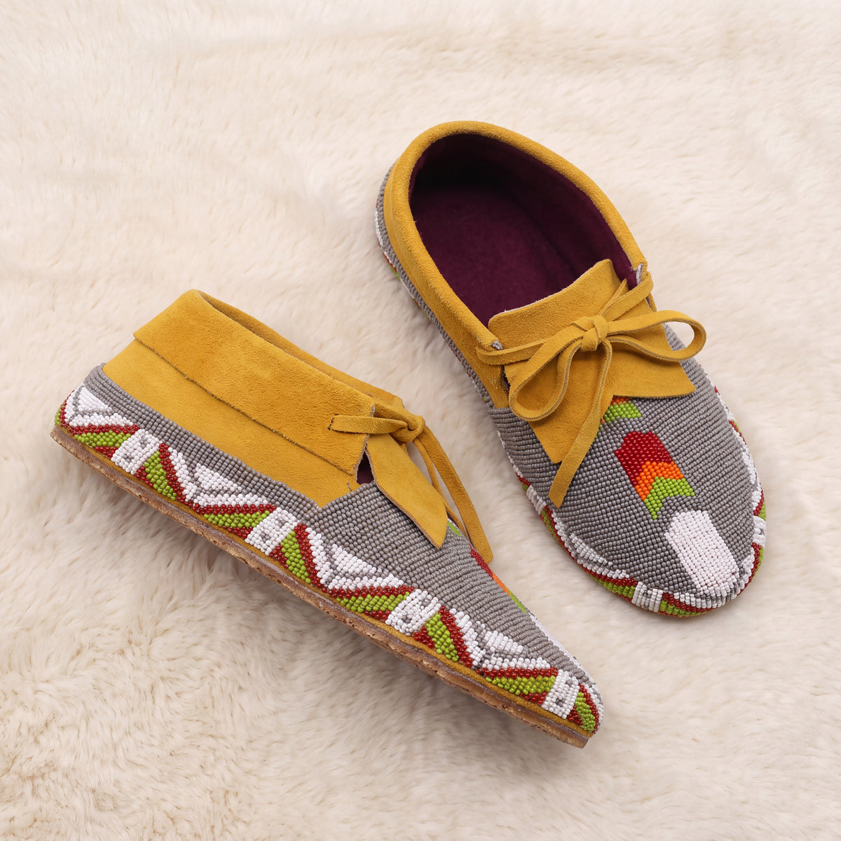 Gray Hand-Beaded Lace-Up Moccasins For Women