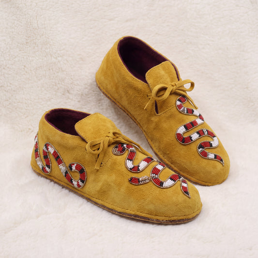 Mustard Snake Beaded Suede Lace-Up Moccasins for Women