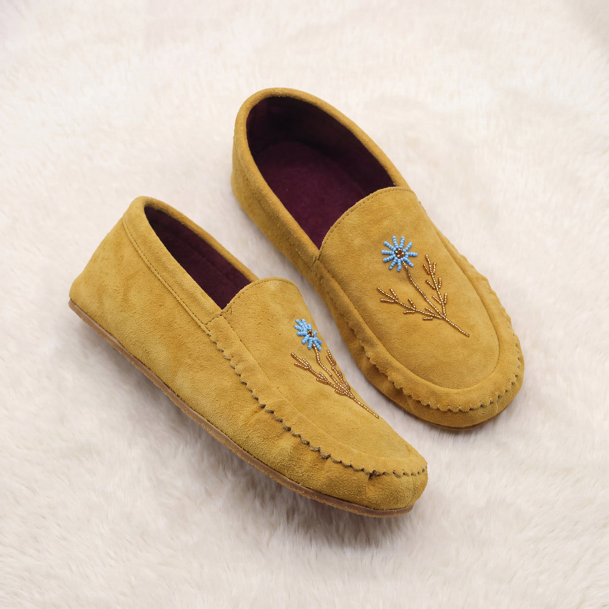 Turquoise Flower Beaded Yellow Suede Moccasins