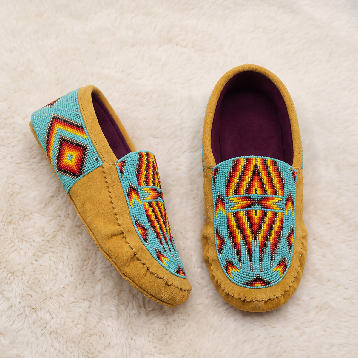 Turquoise Geometric Beaded Suede Moccasins