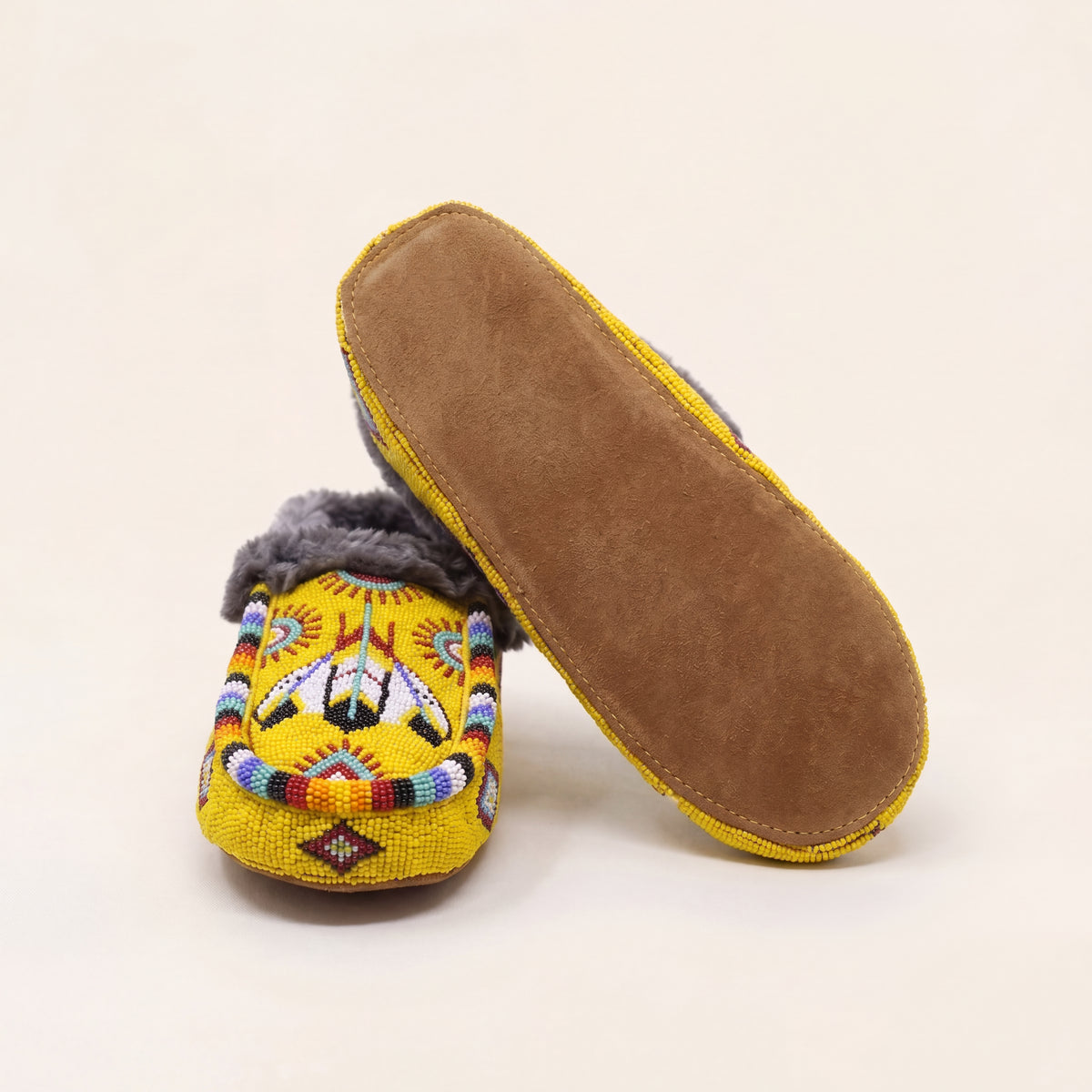 Yellow Thunderbird Fur Cuff Beaded Moccasins For Women