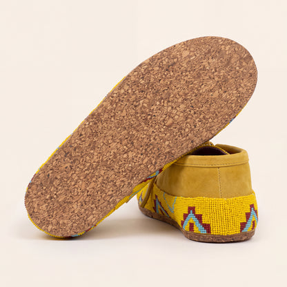 Yellow and Blue Beaded Lace-Up Moccasins for Women